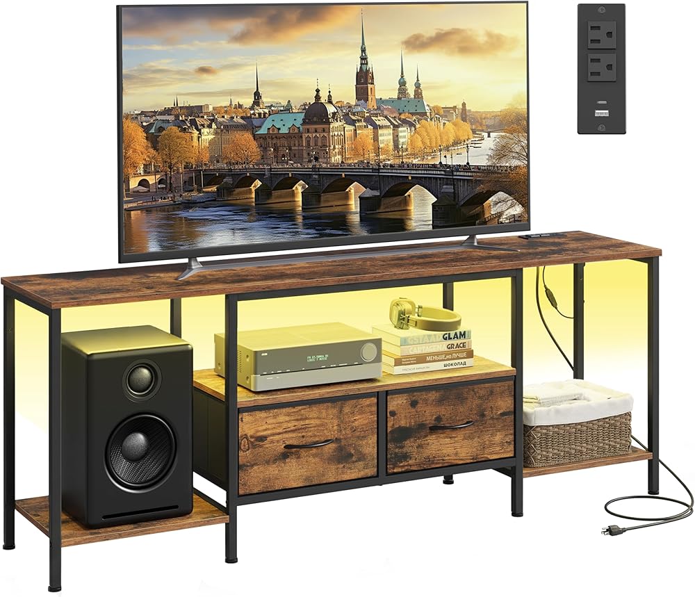 SONGMICS BELLAH Collection - TV Stand with Power Outlets and Lights, Entertainment Center Media Console for TVs Up to 178 cm,