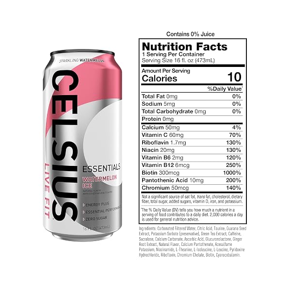 CELSIUS ESSENTIALS™ SPARKLING WATERMELON ICE, SUGAR FREE PERFORMANCE ENERGY DRINK, 16 FL OZ (PACK OF 12)