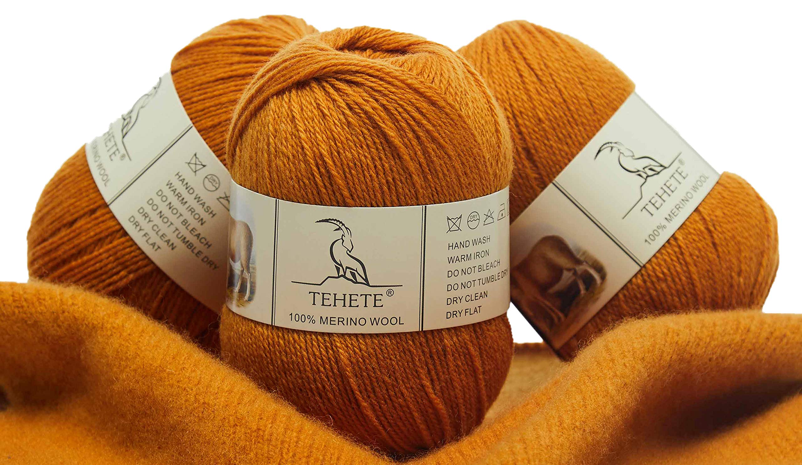TEHETE 100% Merino Wool Yarn for Knitting and Crochet 3ply 3 × 50g, 250m, 3 Balls Pack Soft and Luxurious-Ginger