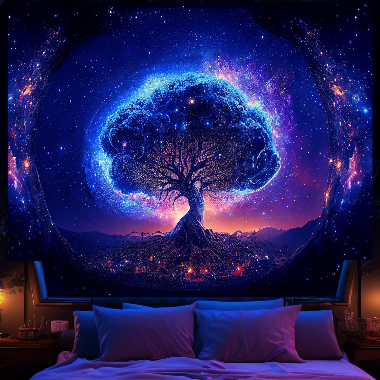 Tapestries - Avinyl Blacklight Tree and Space Tapestry for Bedroom, Aesthetic Black Light Tree of Life Tapestries for Girl, Fantasy Cool Star Galaxy Wall Hanging for Living Room Teen Dorm Decor (51