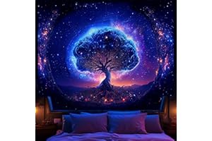Avinyl Blacklight Tree and Space Tapestry for Bedroom, Aesthetic Cool Black Light Tree of Life Tapestries for Girl, Fantasy Stars Galaxy Wall Hanging for Living Room Teen Dorm Decor (51" x 60")
