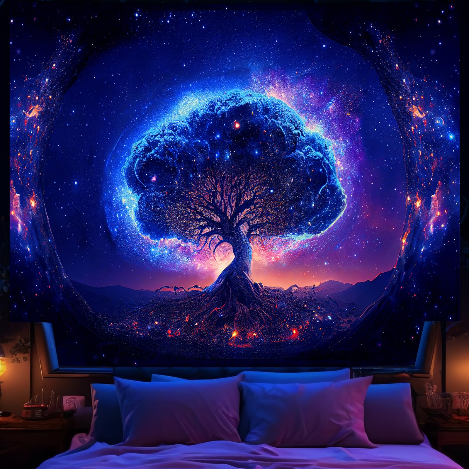 Avinyl Blacklight Tree and Space Tapestry for Bedroom, Aesthetic Cool Black Light Tree of Life Tapestries for Girl, Fantasy Stars Galaxy Wall Hanging for Living Room Teen Dorm Decor (51" x 60")