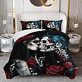 OUIXOTIC Skull Comforter Red Floral Quilt Set Queen Size, Gothic Skull Print Bedding for Boys Girls, Flower Rose Soft Duvet Set with 1 Comforter + 2 Pillowcases for Bed Decor