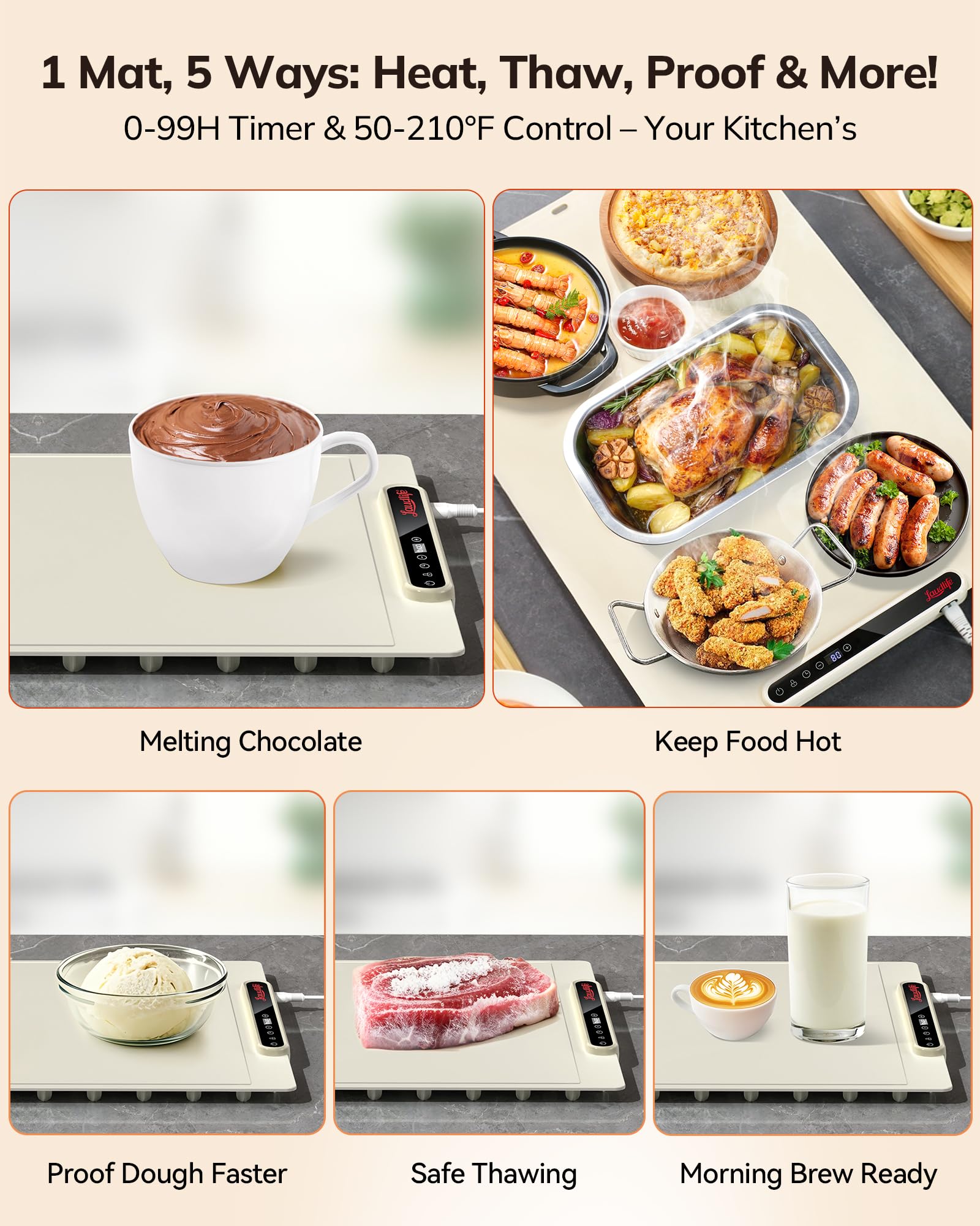 Electric Warming Tray with 7 Adjustable Temperature, Laudlife Foldable Food Warmer for Parties with Child Lock, Fast Heating Plate for Buffet, Family Gathering, Sabbath, Holiday, Countertop, Beige