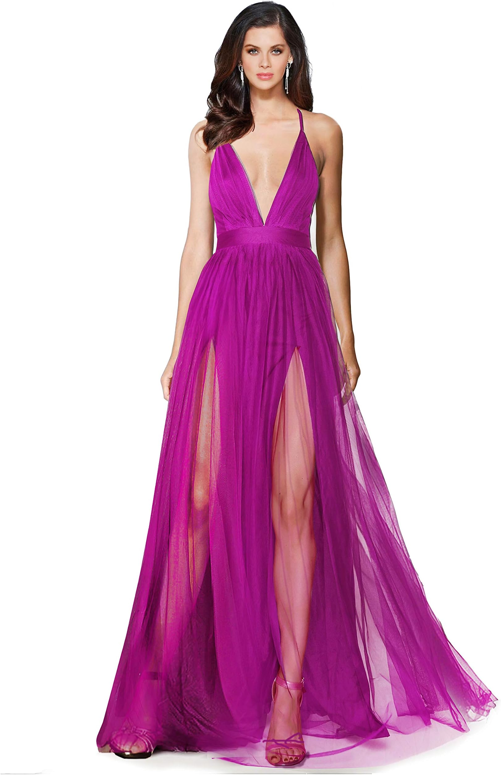 Alluring deep v-Neckline Spaghetti Straps Criss-Cross Open Back Tulle Dual Front Slits Evening Prom Formal Dress