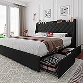 iPormis Queen Bed Frame with 4 Storage Drawers, Upholstered Platform Bed Frame with Type-C & USB Ports, Wingback Storage Headboard, Solid Wood Slats, No Box Spring Needed, Black
