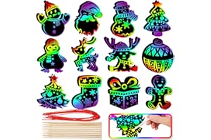 JOYIN 48 Pcs Christmas Scratch Art Ornaments, Rainbow Color Scratch Paper in Front Side & Coloring Card in Back Side, Scratch Off Kids Party Favors Supplies, Holiday DIY Art Craft Kit Activities Gifts