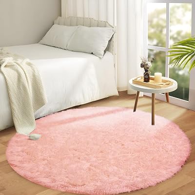 Aspire Homeware Round Rug 120x120cm Pink Non Slip Thick Pile Shaggy