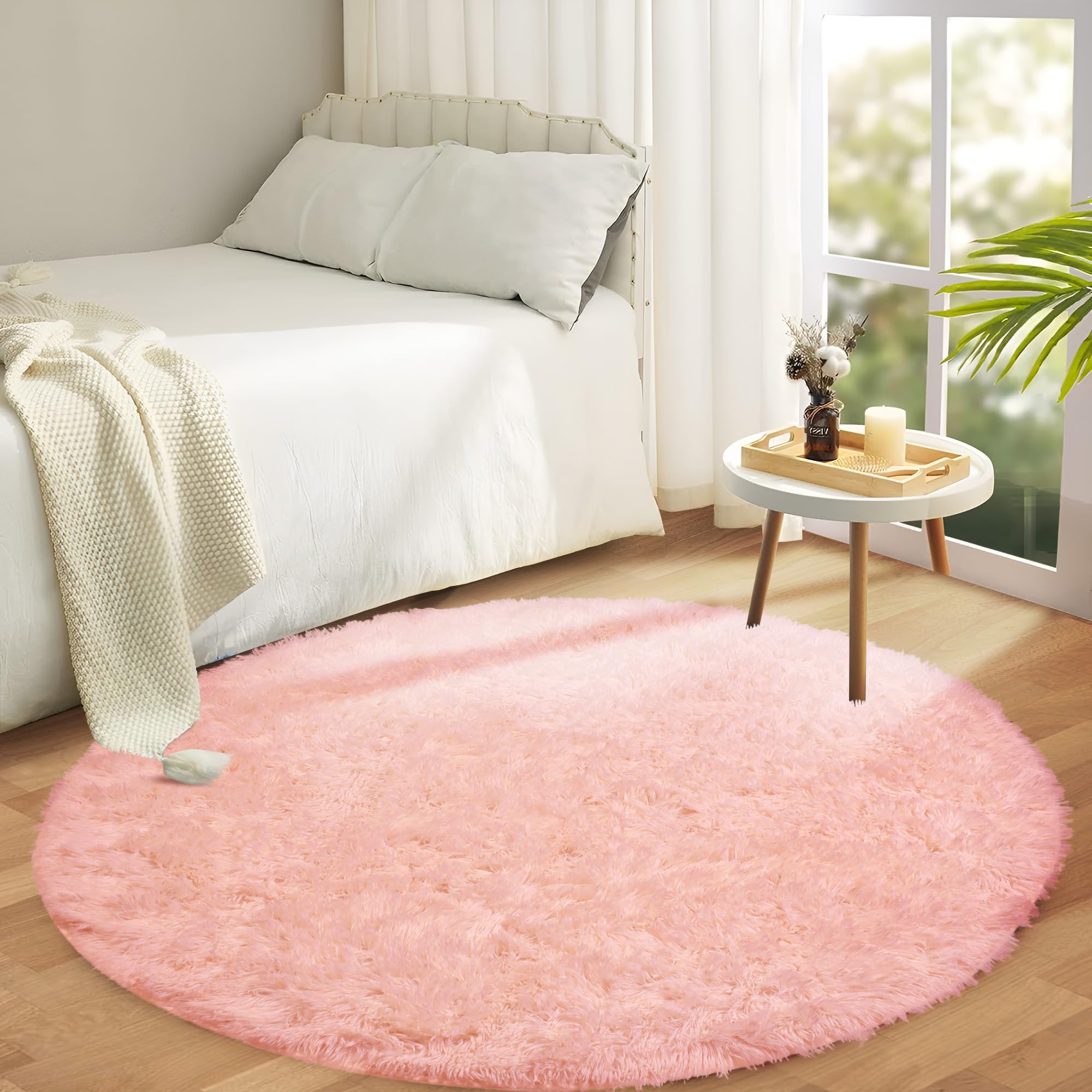 Aspire Homeware Round Rugs Living Room - Pink Area Rugs 120x120cm for Bedroom Anti Slip - Modern Super Soft Thick Pile Small Fluffy Shaggy Rug Non Shedding