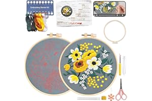 VIVAwisdom Basic Embroidery kit for Adult; DIY Hand Embroidery kit with Cross Stitch Thread;Embroidery Hoops; Embroidery Thimble, Needle Threader, Seam Ripper, Scissors，Embroidery Flower Pattern