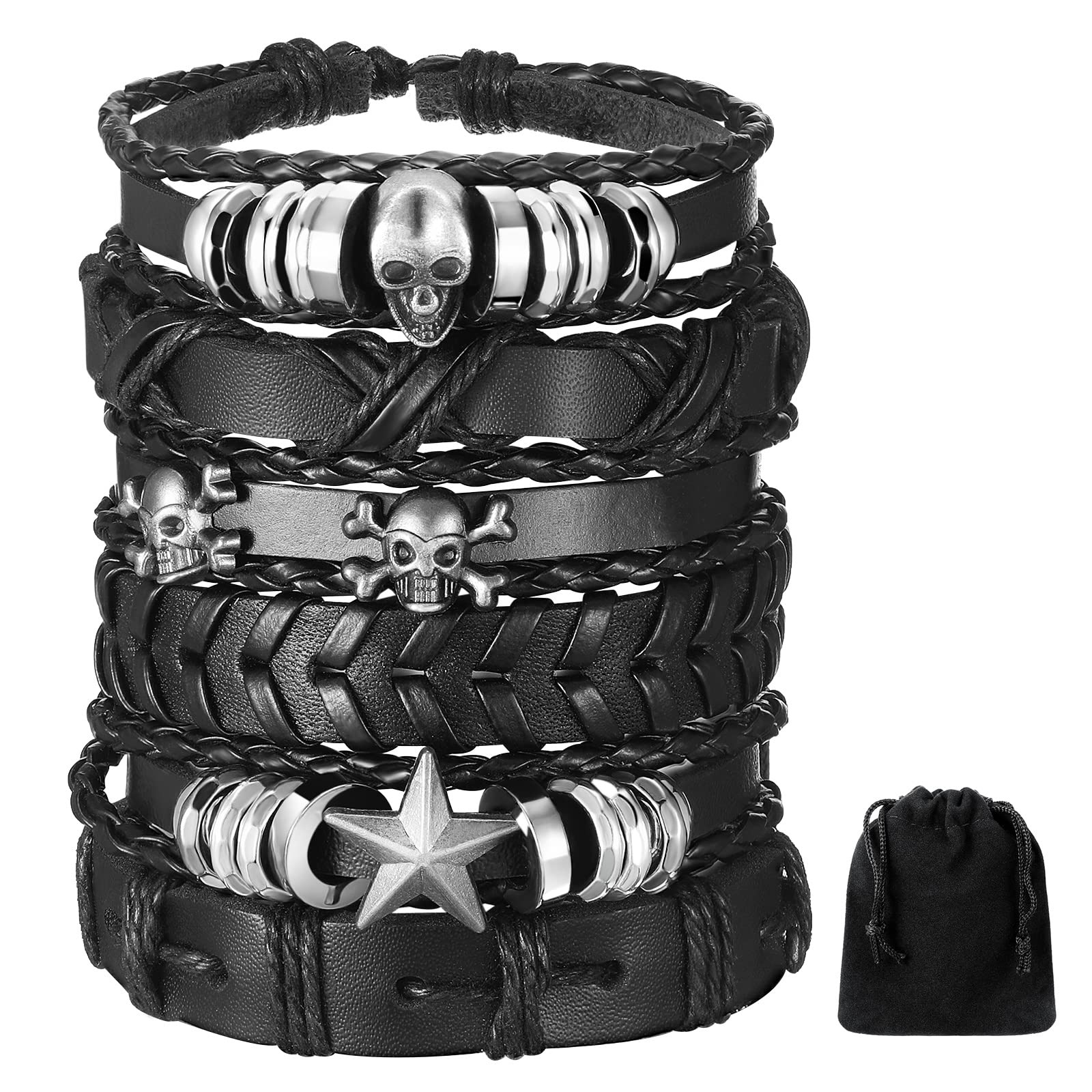 BBTO 6 Pcs Halloween Leather Bracelet for Men Women Black Adjustable Bracelet for Party(Skull Style)
