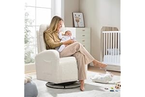 SLEERWAY 360° Swivel Glider Chair for Nursery, Modern Ergonomic Rocker Round Boucle Upholstered Comfy High Back Accent Rocking Chairs Side Pocket for Living Room, Bedroom, Cream White