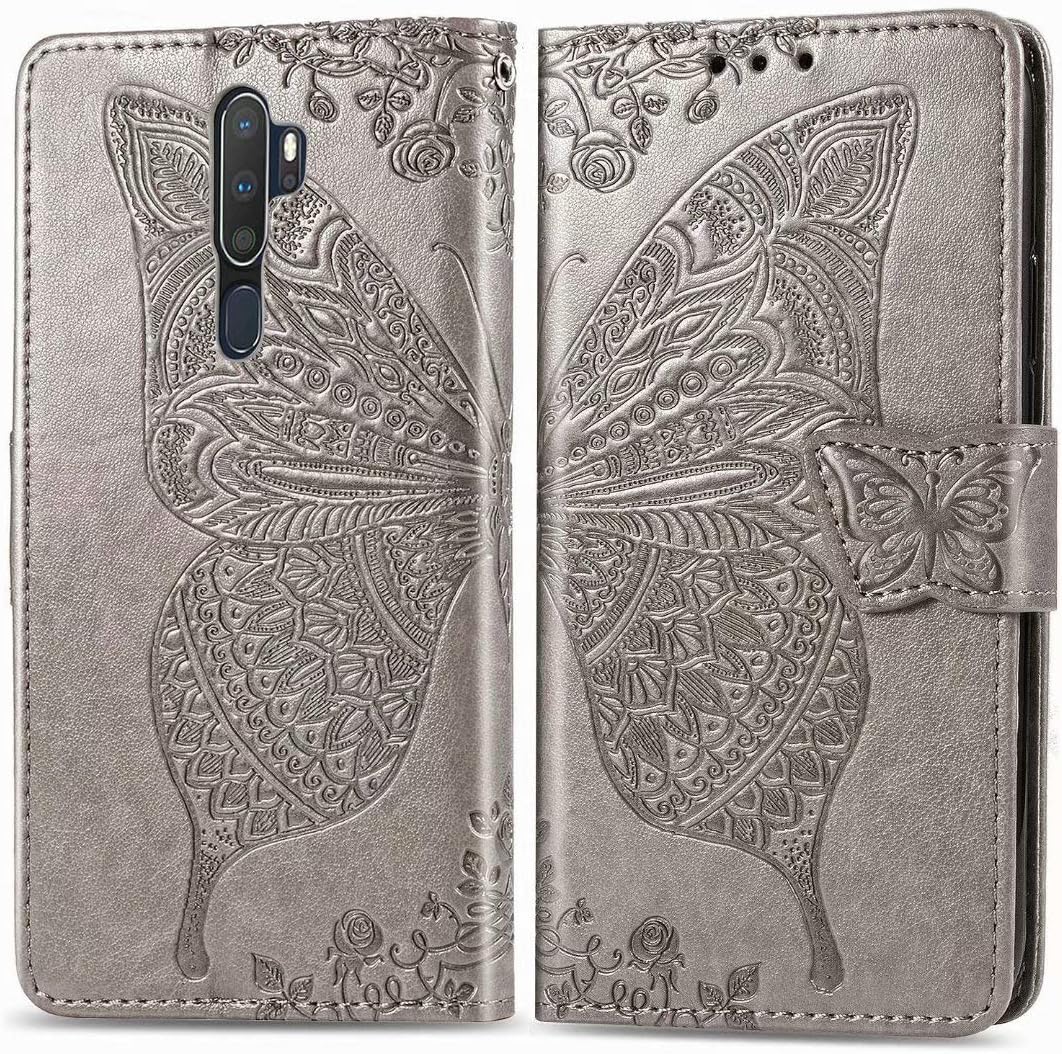 Abtory Oppo A9 2020 Case, Butterfly Embossing PU Leather Credit Card Slot Cash Holder Protective, Stand Holder Magnetic Closure for Oppo A9 2020 Gray