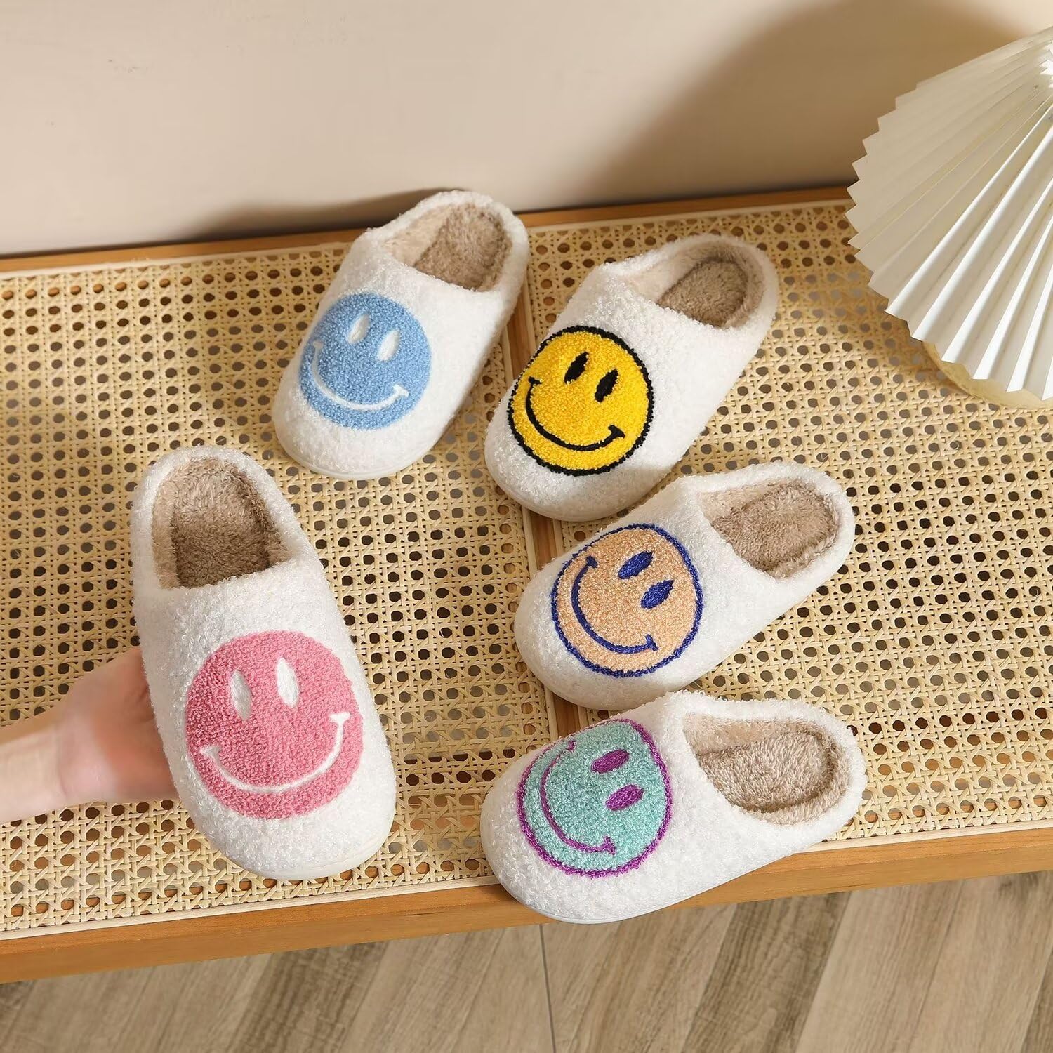 KEYUSHOP Happy Face Slippers for Kids Smile Face House Slippers Soft Plush Warm Preppy Slipper Anti-Slip Winter Fuzzy House Shoes for Toddler Girls