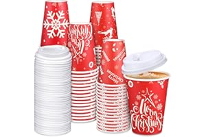 Umigy 100 Pcs 12 oz Christmas Disposable Coffee Cups with Lids Xmas Paper Teacups Bulk Snowflake Deign Hot Chocolate Cups for Merry Christmas Winter New Year Party Business Office Party Supplies