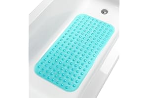TIKE SMART Large Non-Slip Bathtub & Shower Mat 31”x16” (Smooth/Non-Textured Tubs Only) Safe, Clean, Machine-Washable, Superior Grip&Drainage, Vinyl, Transparent Turquoise