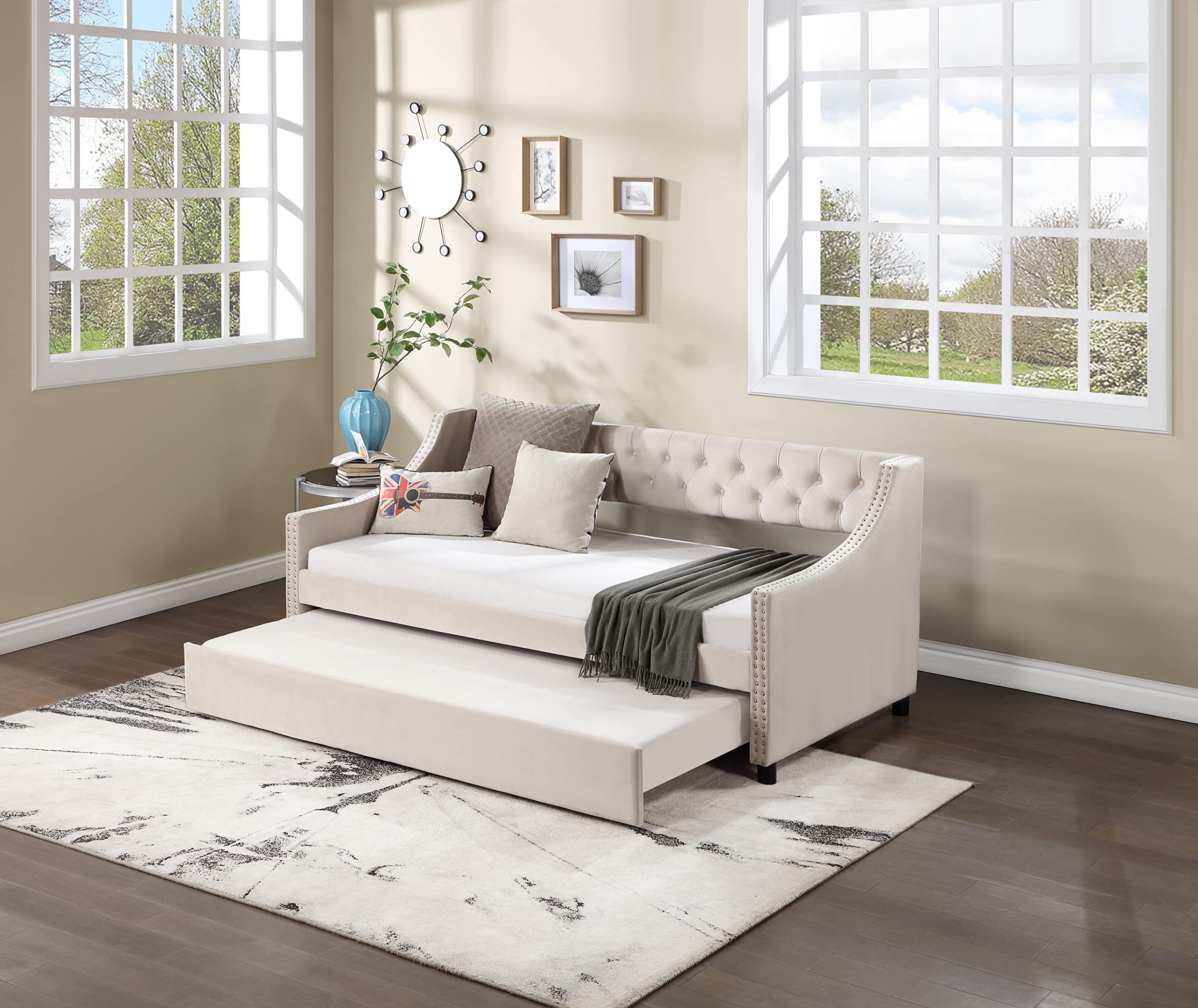 Photo 1 of ***INCOMPLETE***Ball & Cast Twin Size Daybed with Trundle,Upholstered Trundle Bed Twin W/Bedframe Tufted Button & Copper Nail on Arms Design,No Box Spring Needed,Sofa Bed Frame for Bedroom,Guest Room,Beige