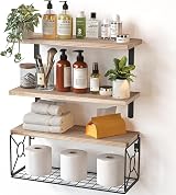 Pipishell Paulownia Wood Floating Shelves with Wire Basket Set of 3 Natural view 1