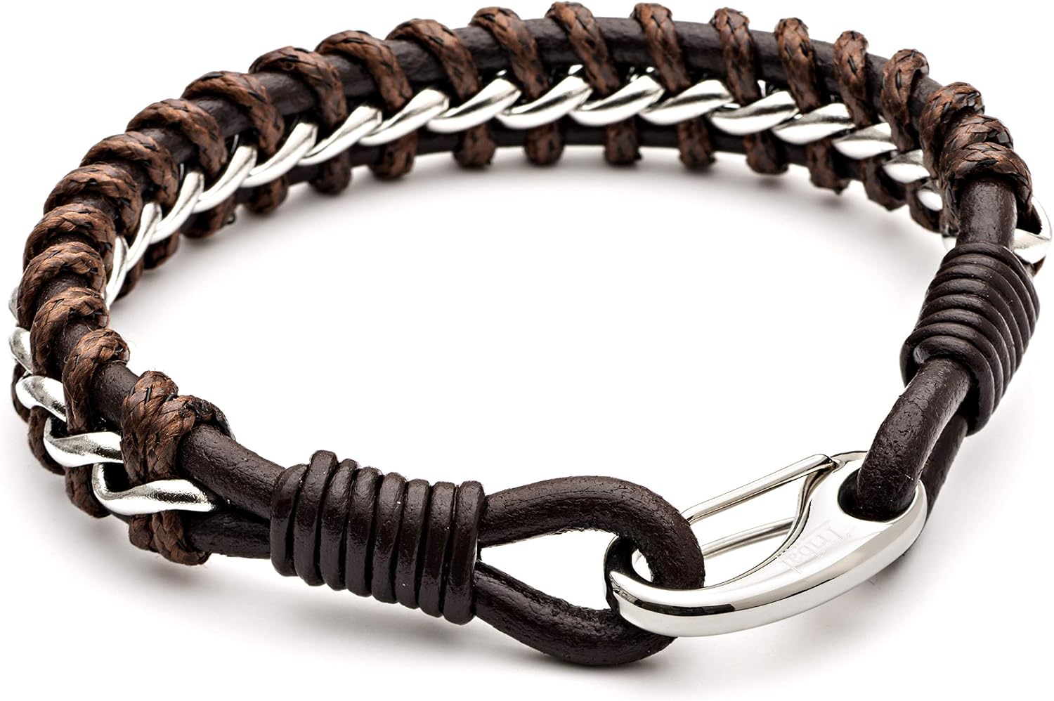 Tribal Steel Men's XL Brown Leather & Wax Cord Bracelet - Men's 23cm Plaited Leather Bracelet with Stainless Steel Lobster Clasp