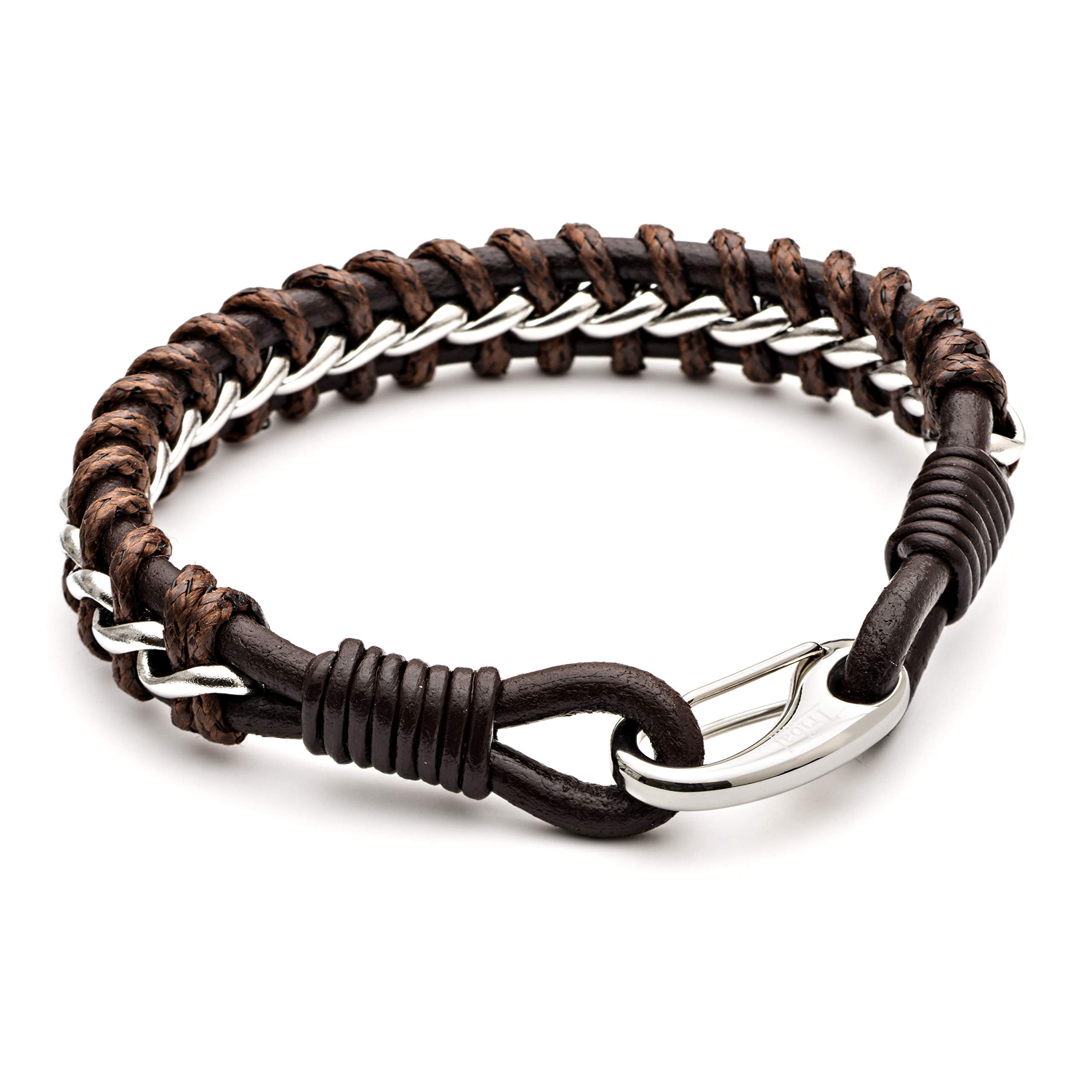 Tribal Steel Men's XL Brown Leather & Wax Cord Bracelet - Men's 23cm Plaited Leather Bracelet with Stainless Steel Lobster Clasp