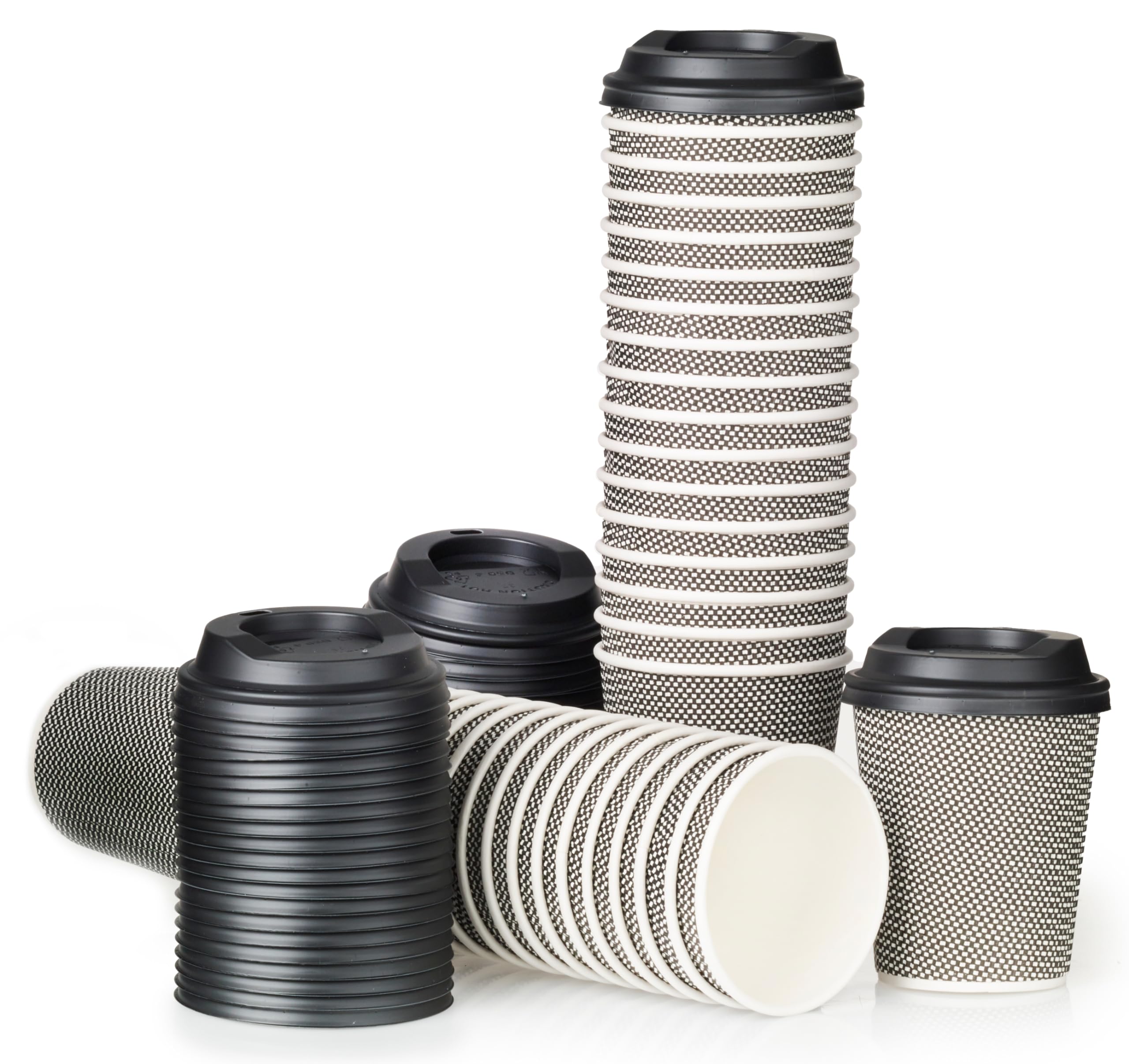 Signature Packaging – Luxury Ripple Insulated Paper Cups with Lids, Disposable for Coffee, Hot Beverages, Leak-Proof for Cafes, and Catering - 8oz Pack of 50 (Black + White) Cups with 50 Black Lids