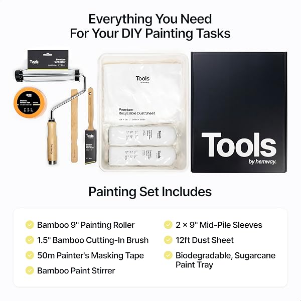 PAINTING KIT 9 INCH | PAINT ROLLER KIT INCLUDES 9″ ROLLER FRAME, 2 MID PILE SLEEVES, TRAY, 1.5″ CUTTING IN PAINT BRUSH, 12FT DUST SHEET, STIRRER & 50M PAINTERS TAPE | PREMIUM PAINTING SUPPLIES, HEMWAY