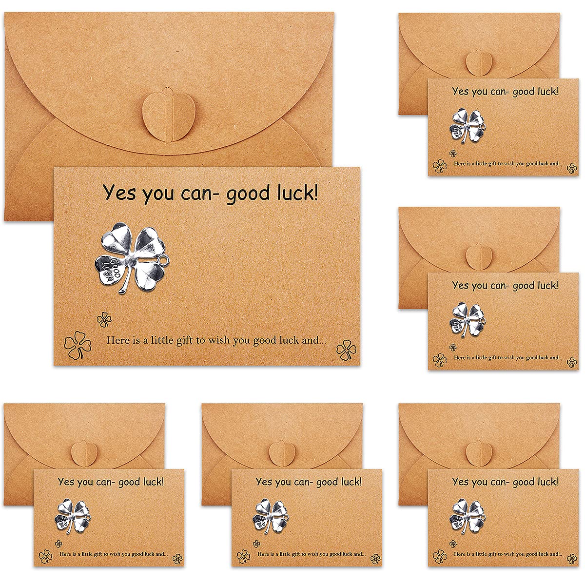 6Set Good Luck Greeting Card Brown Kraft Good Luck Card with Four Leaf Clover Token and Matching Heart Envelope Good Luck Charm for for Exams Gifts