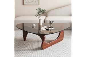 PRITIY Triangle Coffee Table in Walnut Mid Century Modern Solid Wood Base and Triangle Clear Glass Coffee Table for Living Room Low Minimalist Tea Table Coffee Tables (36 * 25.6 * 16, Walnut Teal)