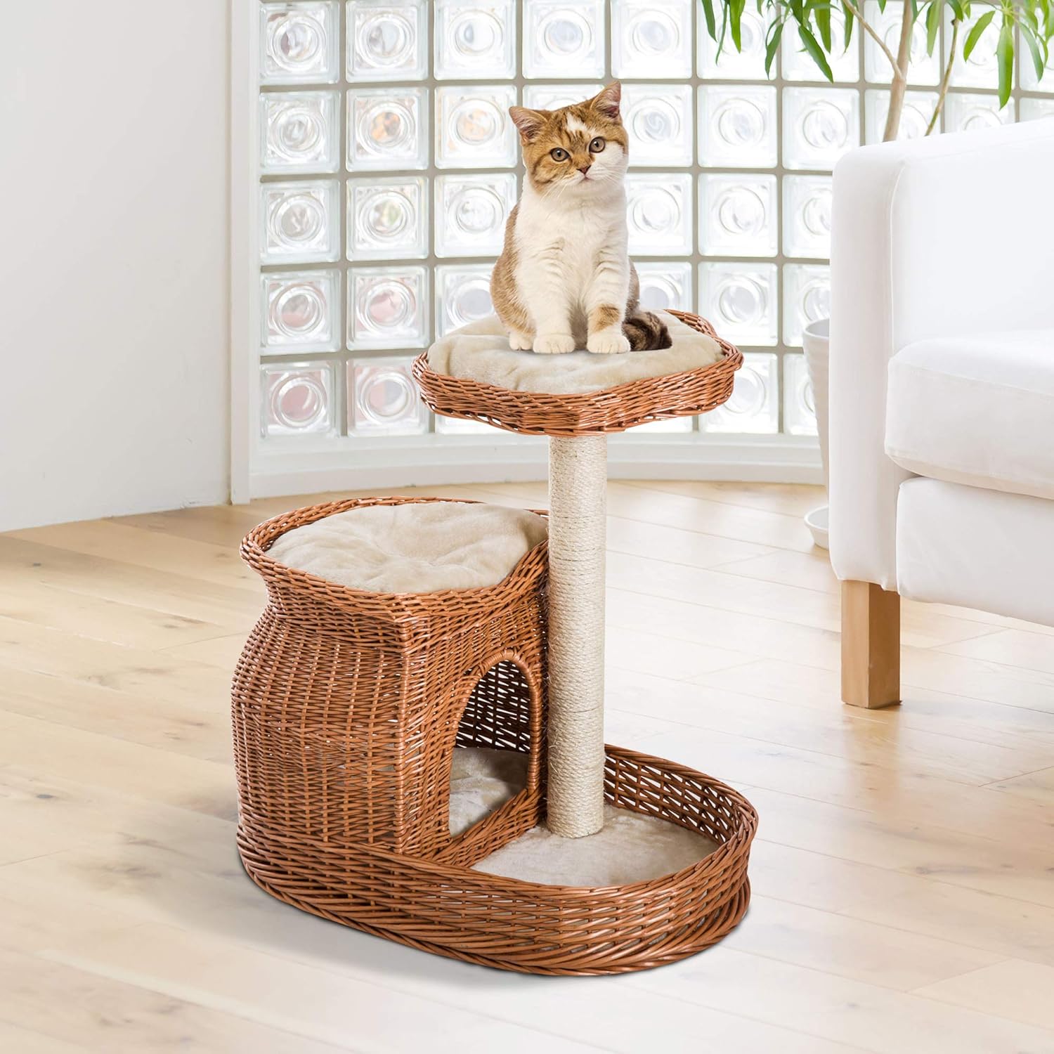Pawhut Arbre A Chat Panier 2 En 1 Griffoir Sisal Plateforme Integres 47l X 72l X 68h Cm 3 Coussins Beige Osier Marron Amazon Fr Animalerie
