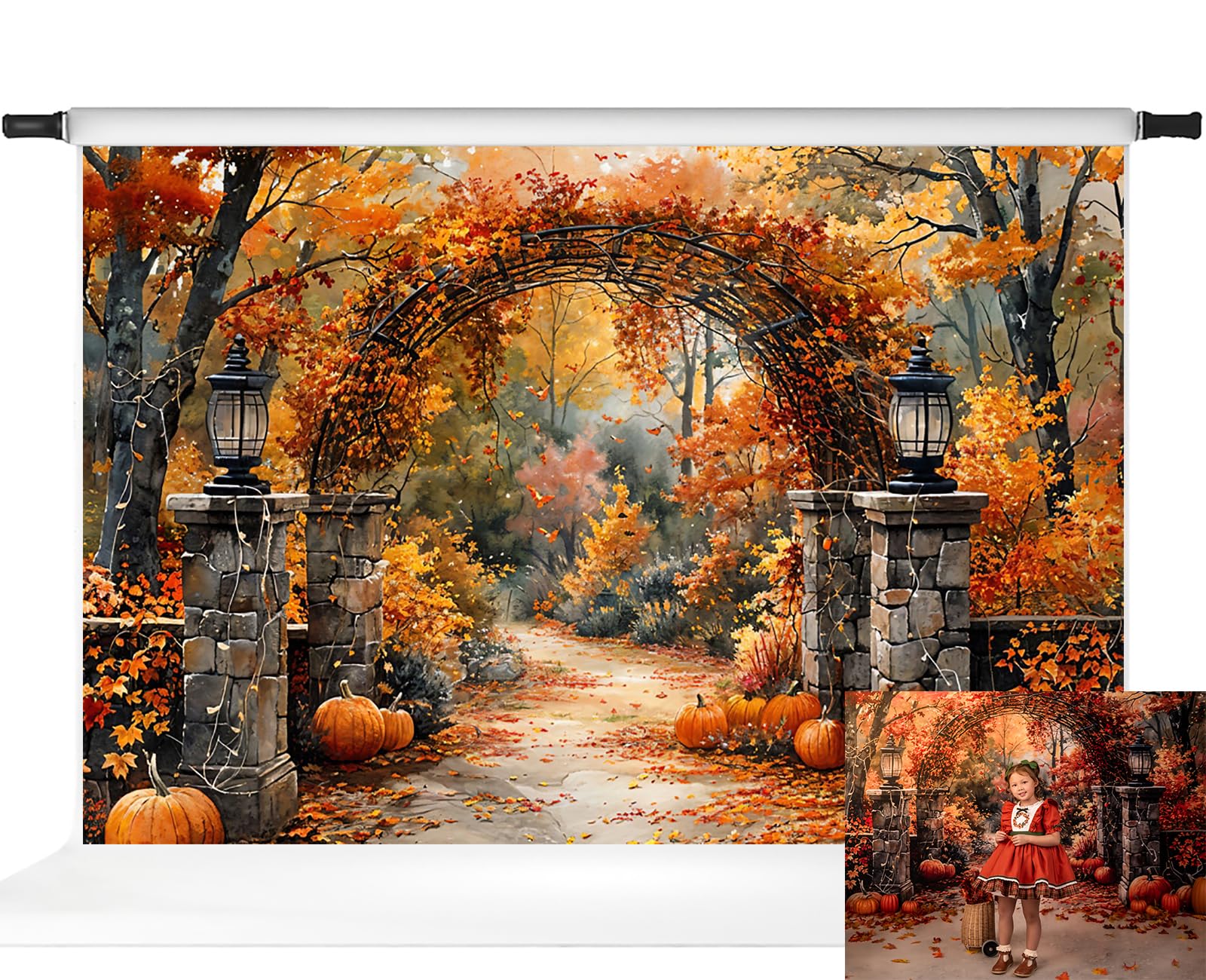 Photo 1 of Kate Autumn Stone Arch Backdrops Pumpkin Photo Backdrop Fall Leaves Scenery Photography Backdrops for Seasonal Party Photo Studio Props, 10x6.5ft