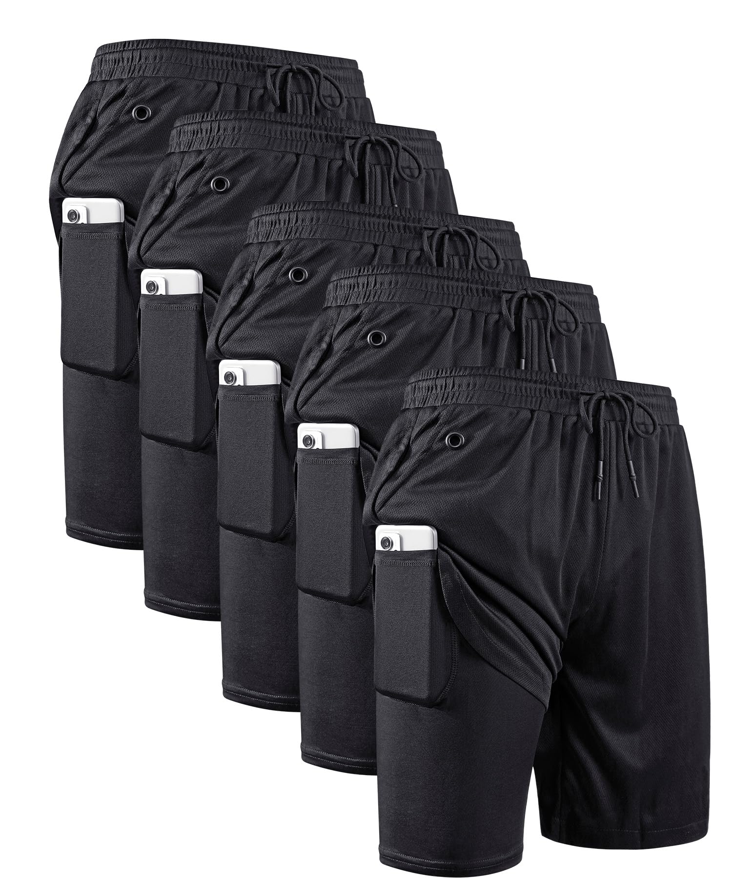 Photo 1 of JWJ 5 Pack Mens 2 in 1 Running Shorts Quick Dry Gym Athletic Workout Shorts with Compression Liner,Black L