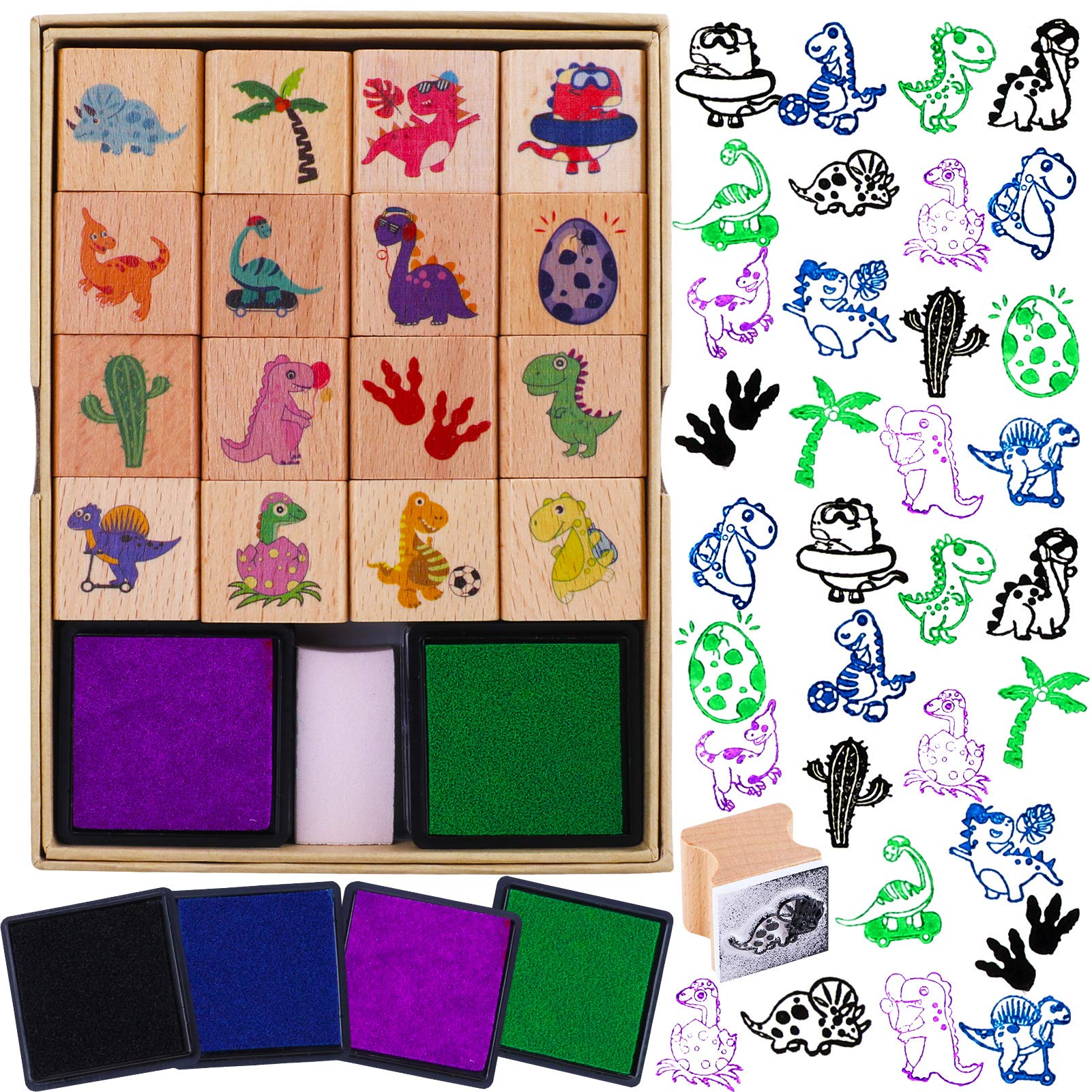 HOWAF Wooden Stamp Set of 4 Dinosaur for Children - Ink Pad DIY Card Scrapbooking - Gifts for Boys, Christmas and Birthdays