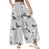 WDIRARA Women's Newspaper Print Wide Leg Pants Elastic Waist Loose Funky Letter Print Palazzo Pants