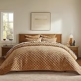 EVERGRACE Luxury Velvet Quilt Set Queen Size, Diamond Quilted Lightweight Velvet Comforter for All Season, Ultra Soft Oversized Bedspread Coverlet Bedding Set with 2 Pillow Shams, Gold Caramel