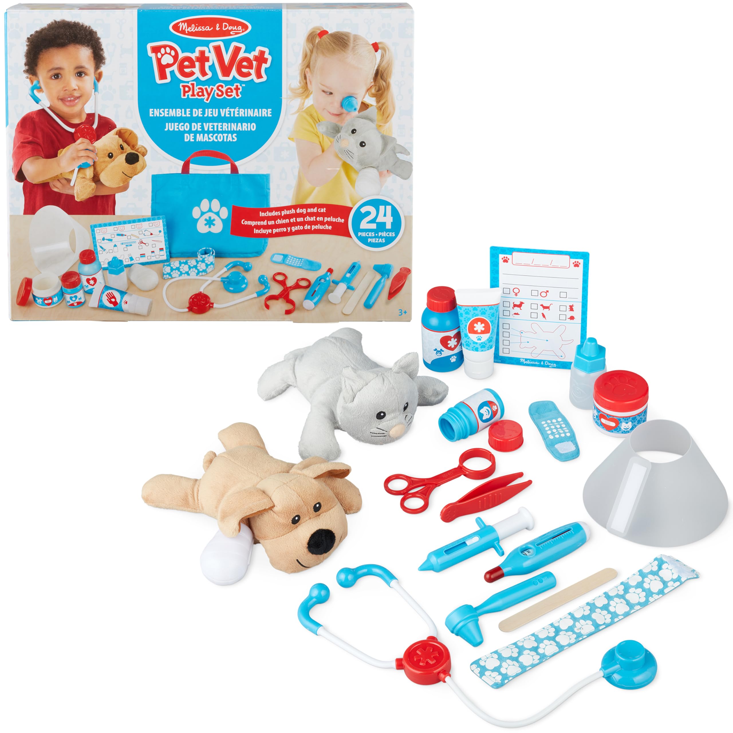 Melissa & Doug Examine and Treat Pet Vet Play Set, 24-Piece Animal Doctor Playset with Dog & Cat Plushies, Pet Doctor Kit & Accessories, Preschool Toys for Girls & Boys Ages 3+