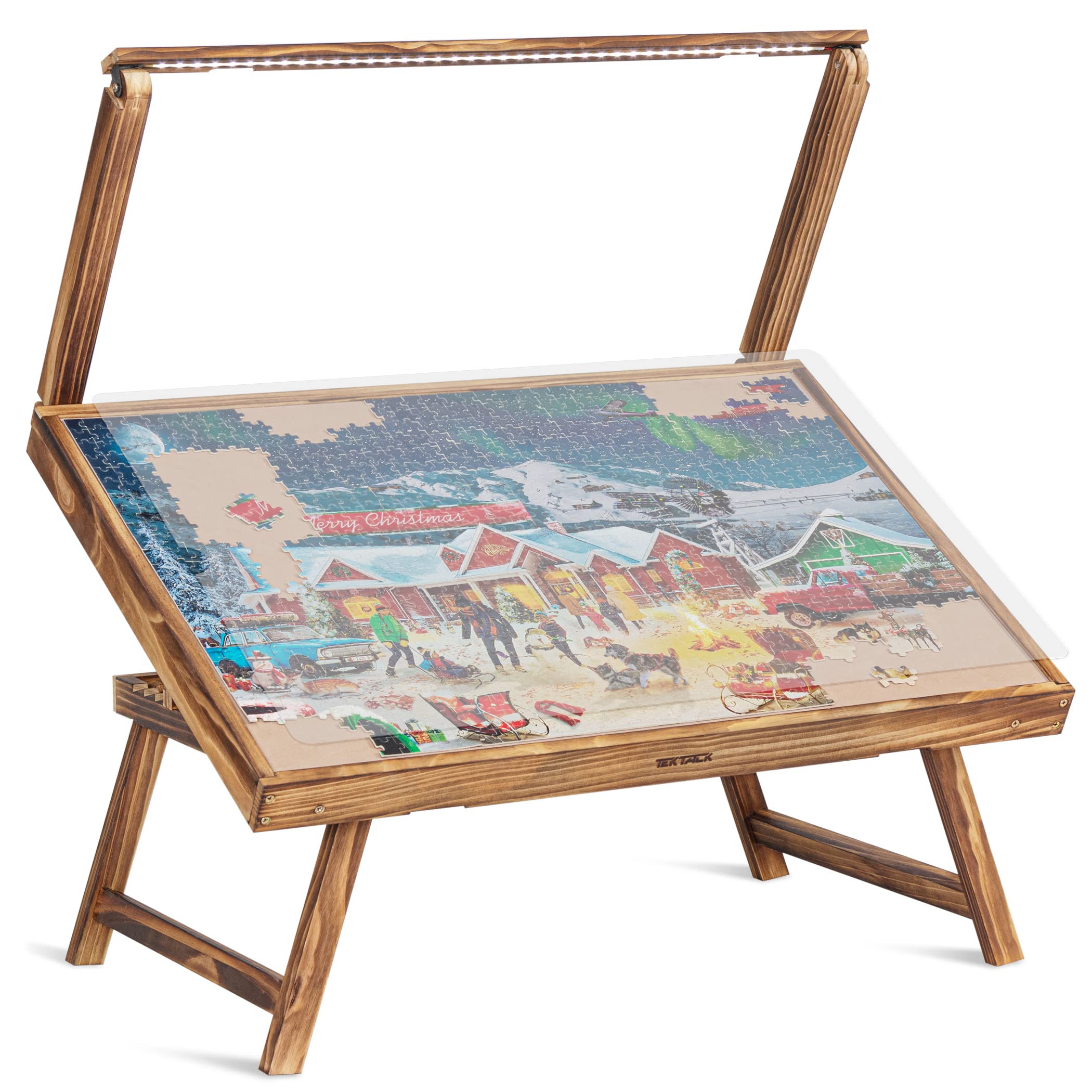 Tektalk Wooden Jigsaw Puzzle Table with LED Light, Foldable, Adjustable Height, Storage, 30 x 20 inches, 1000 Pieces, Adult, Unisex, Khaki, Modern Style