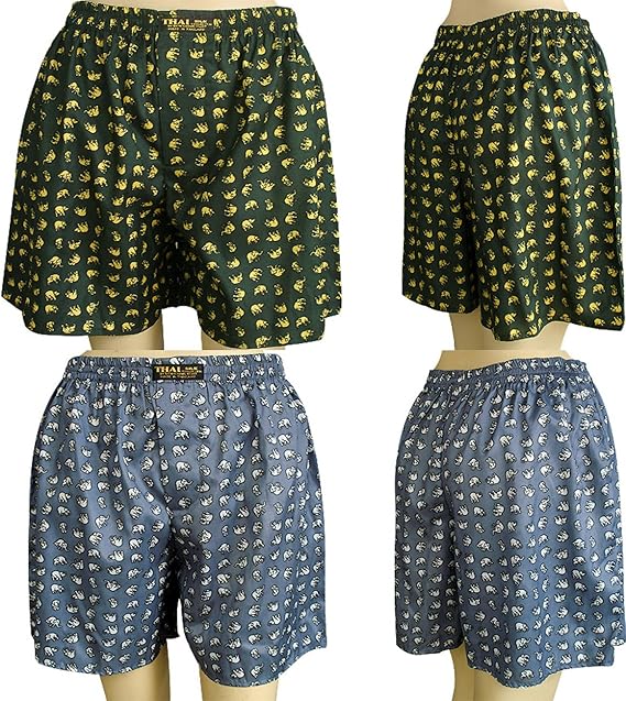2 X Unisex's Thai Silk Boxer Shorts With Small Elephants