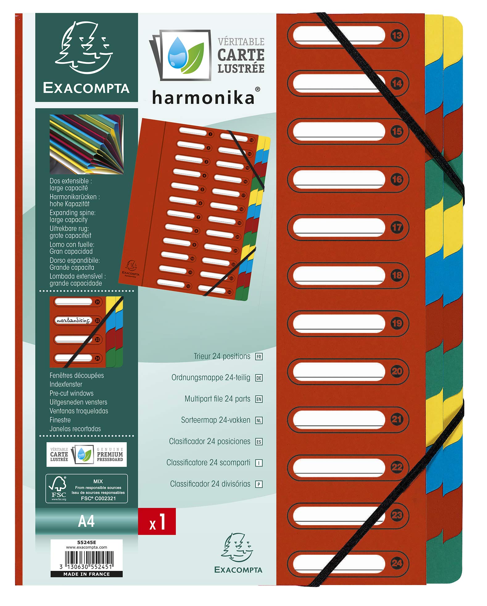Exacompta - Ref 55245E - Harmonika Multipart File - 24.5 x 32cm in Size, Suitable for A4 Documents, 24 Multi-Coloured Tabbed Sections, Premium Pressboard Cover - Red Cover