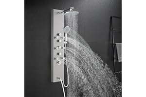 OUGOO Shower Panel System - Use 4 Functions Simultaneously: Rainfall Shower, Body Jets, Handheld and Tub Spout, Shower Tower Column with Adjustable Head, 304 Stainless Steel Brushed