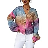 GORGLITTER Women's Rainbow Colorful Cropped Cardigan Sweaters Open Front Long Sleeve Chunky Knit Cardigan
