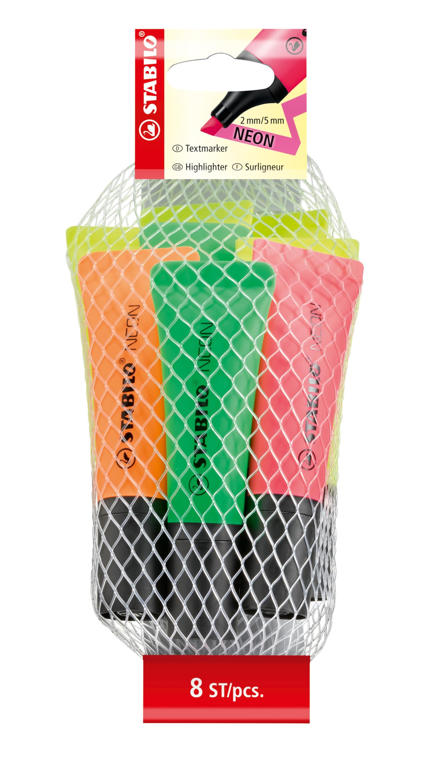 STABILO Highlighter NEON - Pack of 8-4 x yellow, 2 x green, 1 x orange, 1 x pink