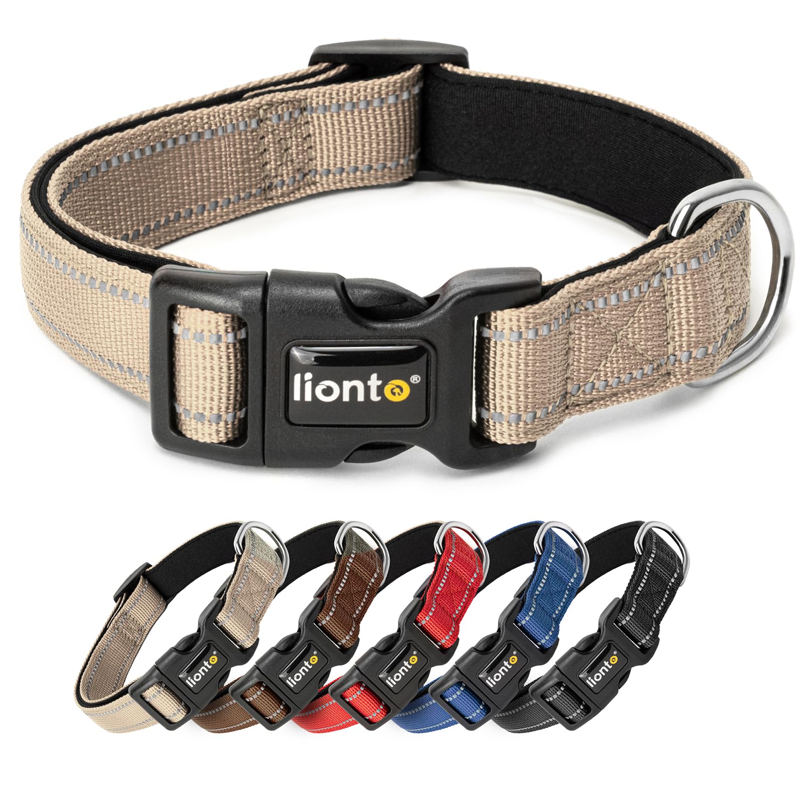 lionto Dog collar made of durable nylon, size M, soft padded collar for dogs, 360° reflective & click fastener, metal ring & adjustment with stepless slider, beige