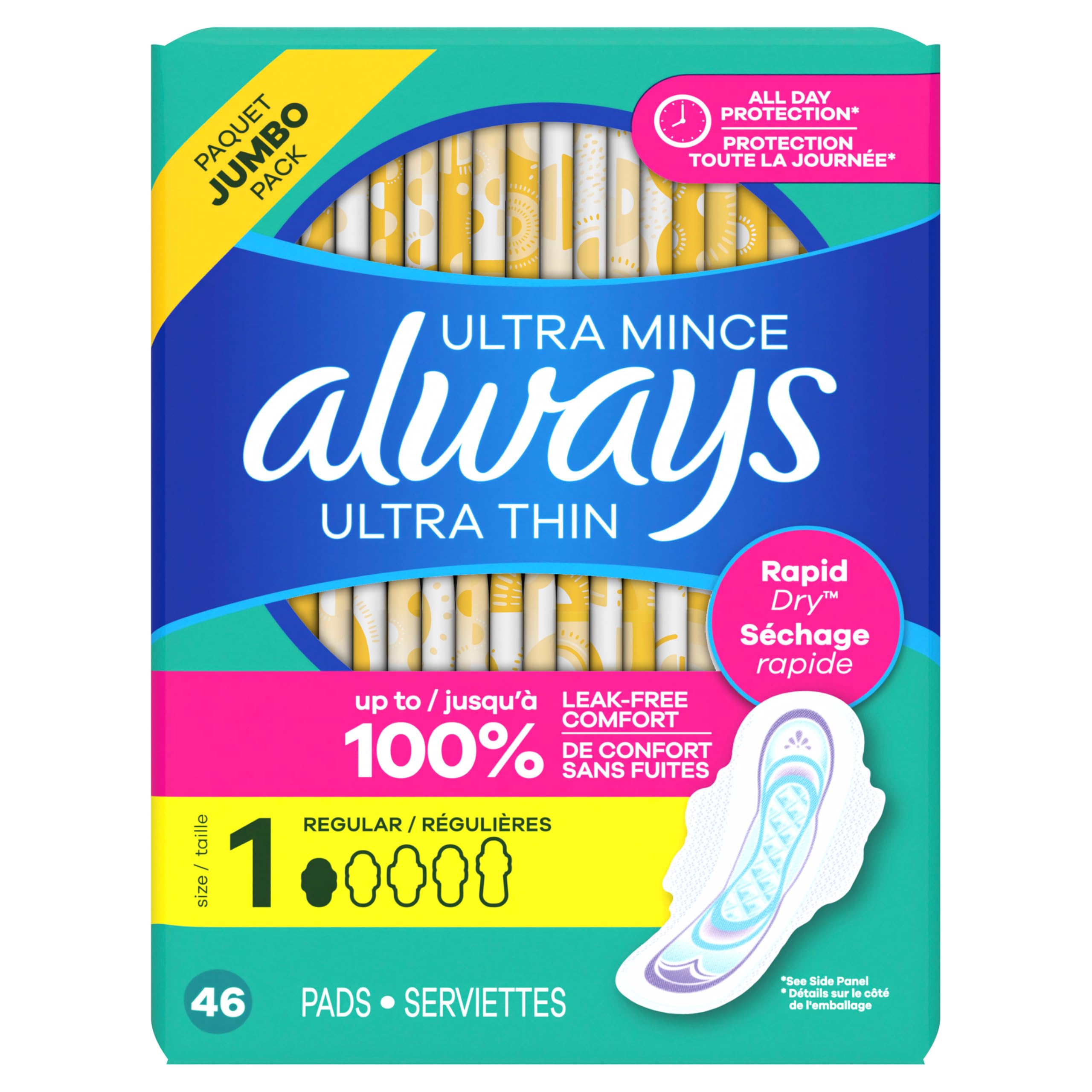 Always Ultra Thin Pads with Wings, Size 1, Regular, 46 Count