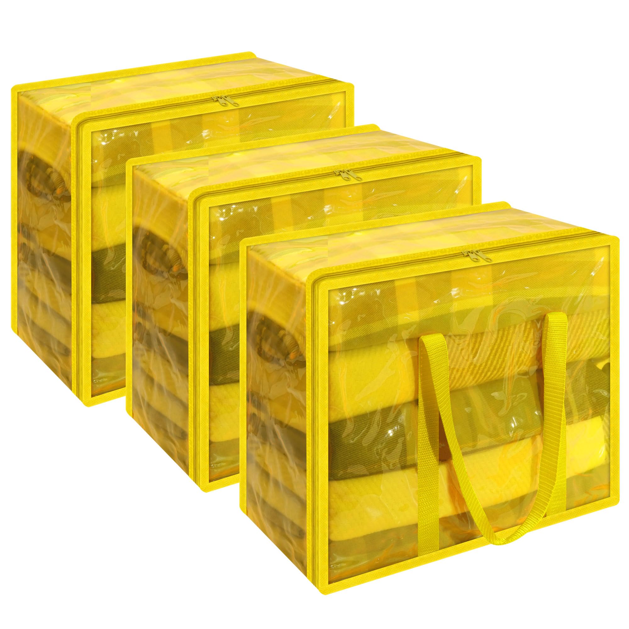 Vieshful 3 Pack Clear Storage Bags Clothes Storage Bags with Zips 40L Transparent Underbed Storage for Clothing, Blankets, Duvet, Pillow, Yellow