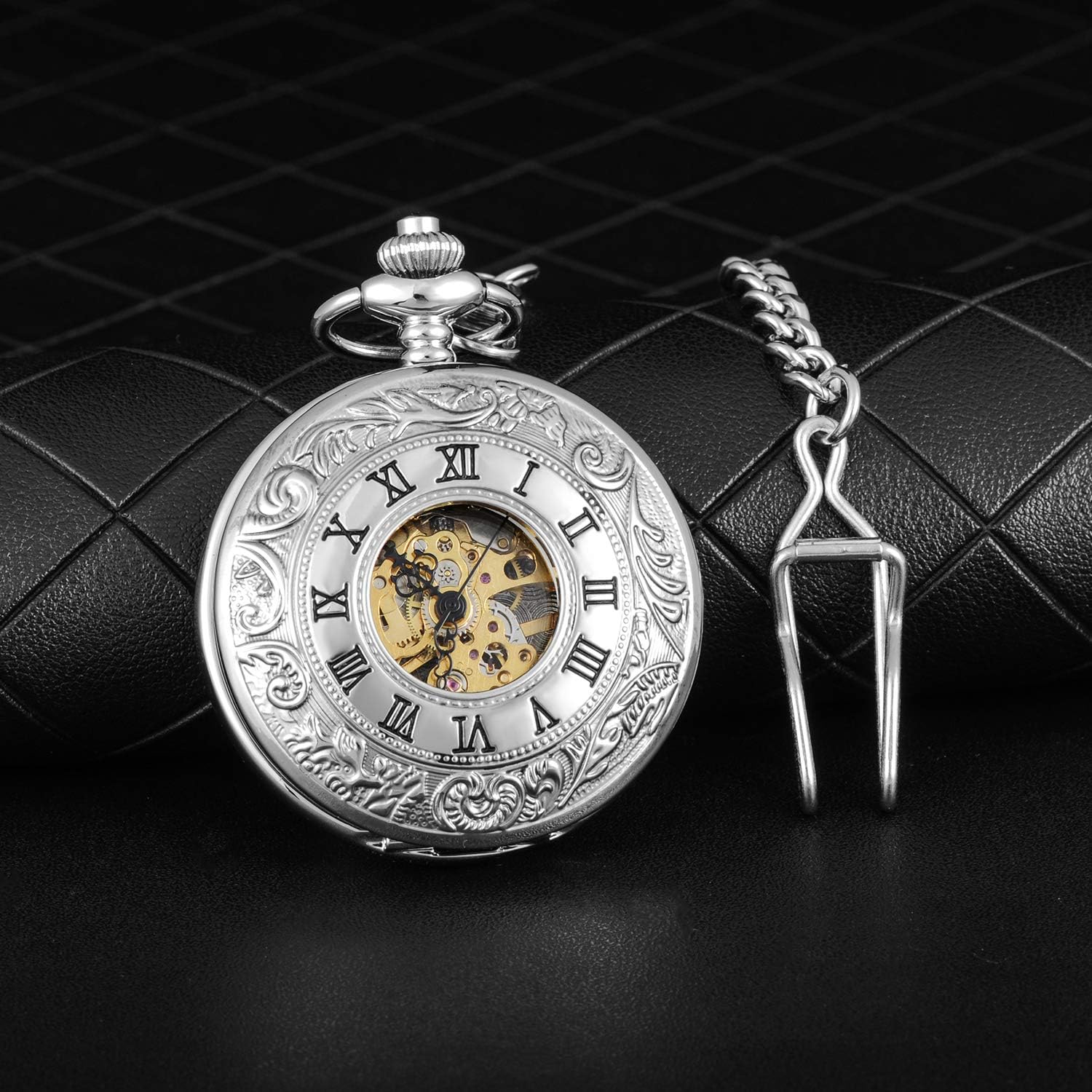 MICGIGI-Unisex Pocket Watch Mechanical Hand-Wind Double Cover Analogue Skeleton Pocket Fob Watches with Chain - Image 5