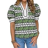Tankaneo Womens Puff Sleeve Floral Blouse Tops Summer Dressy Casual V Neck Shirts Color Block Loose Fit Tees