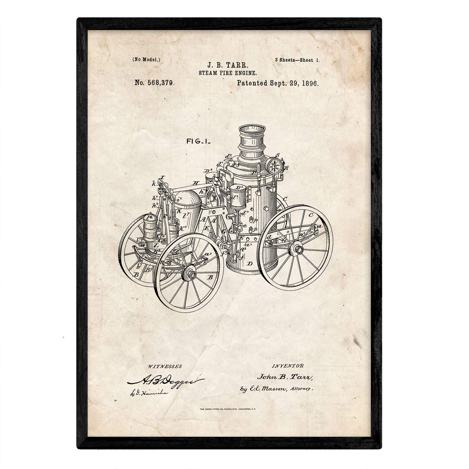 Nacnic Poster patent of steam engine. Sheet with old design patent in A3 size and vintage background