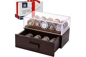 PARKWAY HOME Wooden Challenge Coin Display Case with Clear Cover - Medium Military Coin Display Case Holds 20 Coins on Top & 16 in the Storage Drawer - Versatile Coin Stand Holder & Poker Chip Display Case - Brown