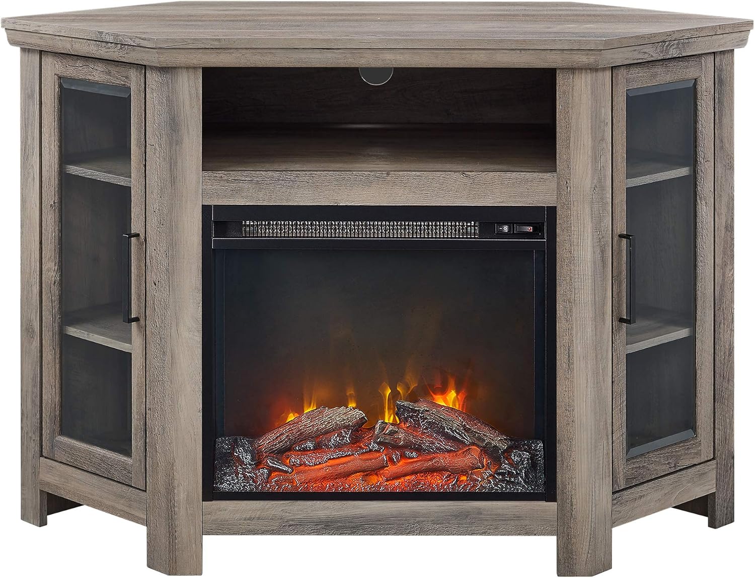 Walker Edison Alcott Classic Glass Door Fireplace Corner TV Stand for TVs up to 55 Inches, 48 Inch, Grey Wash: Furniture & Decor
