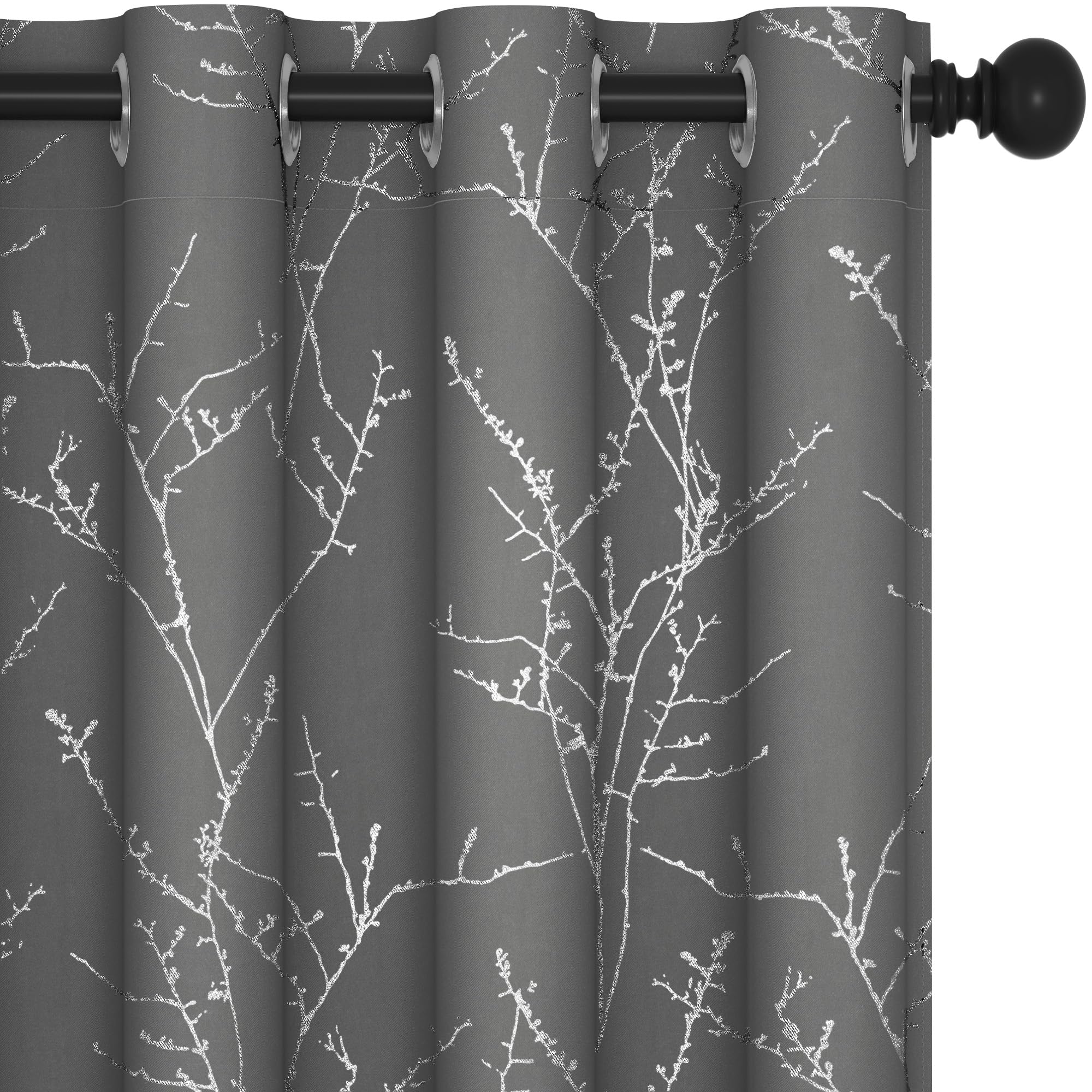 Deconovo Grey Blackout Curtains Eyelet, Themal Insulated Window Treatment, Energy Saving Tree Branches Printed Curtains for Bedroom, Grey, 46 x 54 Inch (Width x Length), 2 Panels